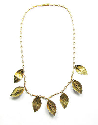 Vintage 1940s Marked  Vermeil and Sapphire Rhinestone Leaf Necklace - Back - Thumbnail