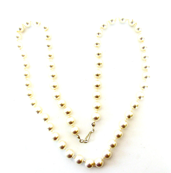 Vintage Hand Knotted Ivory Faux Pearl and Sterling Silver Necklace - Front