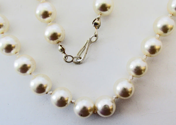 Vintage Hand Knotted Ivory Faux Pearl and Sterling Silver Necklace - Close Up