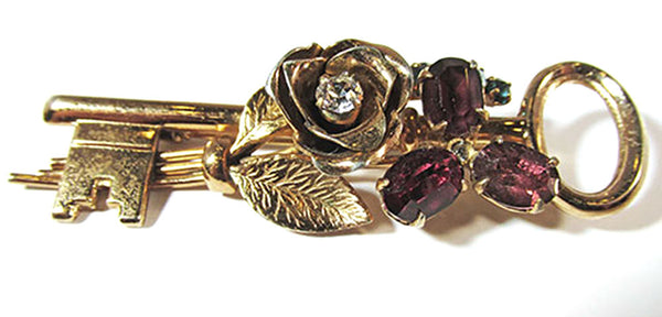 Coro Vintage Jewelry 1940s Retro Diamante Floral Bouquet Key Pin - Front