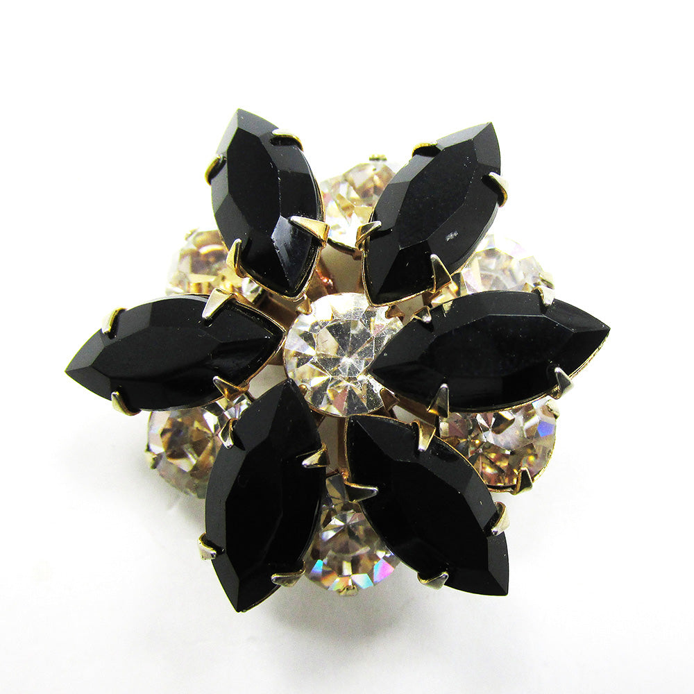 Vintage 1950s Mid-Century Black and White Rhinestone Floral Pin - Front