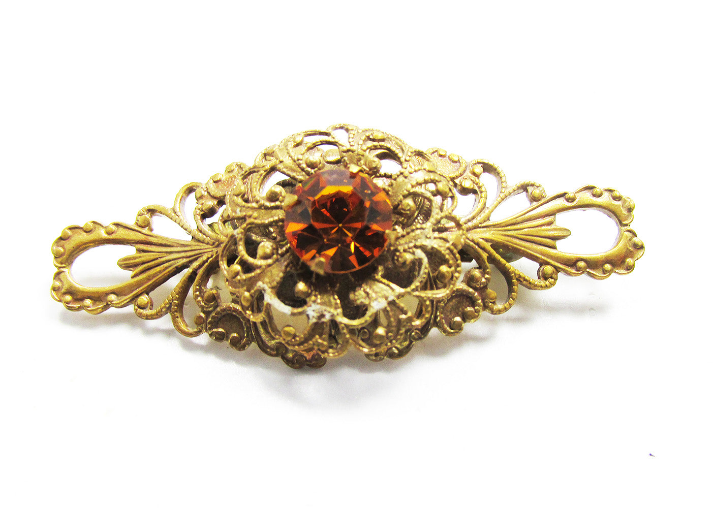 1930s Vintage Head Turning Topaz Rhinestone Gold Filigree Pin - Front