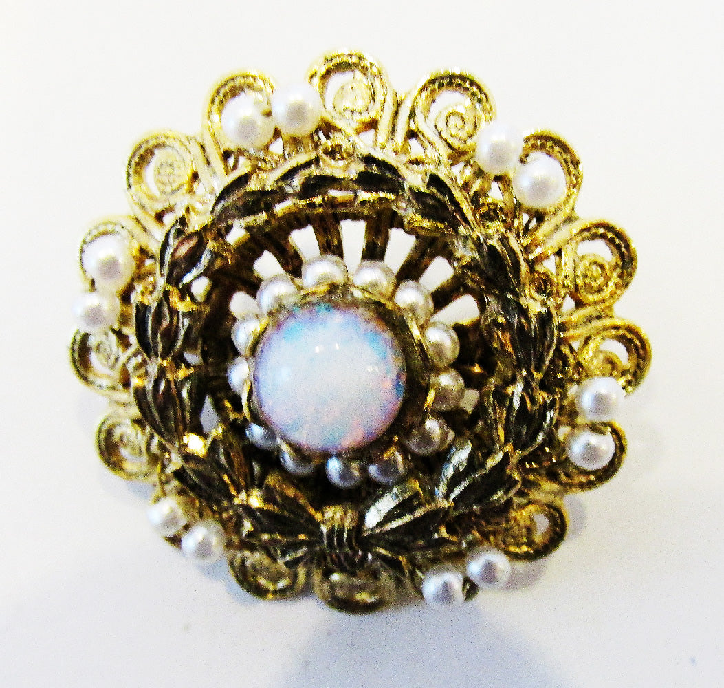 Vintage 1950s Dainty Mid-Century Opal and Pearl Filigree Pin - Front