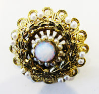 Vintage 1950s Dainty Mid-Century Opal and Pearl Filigree Pin - Front - Thumbnail