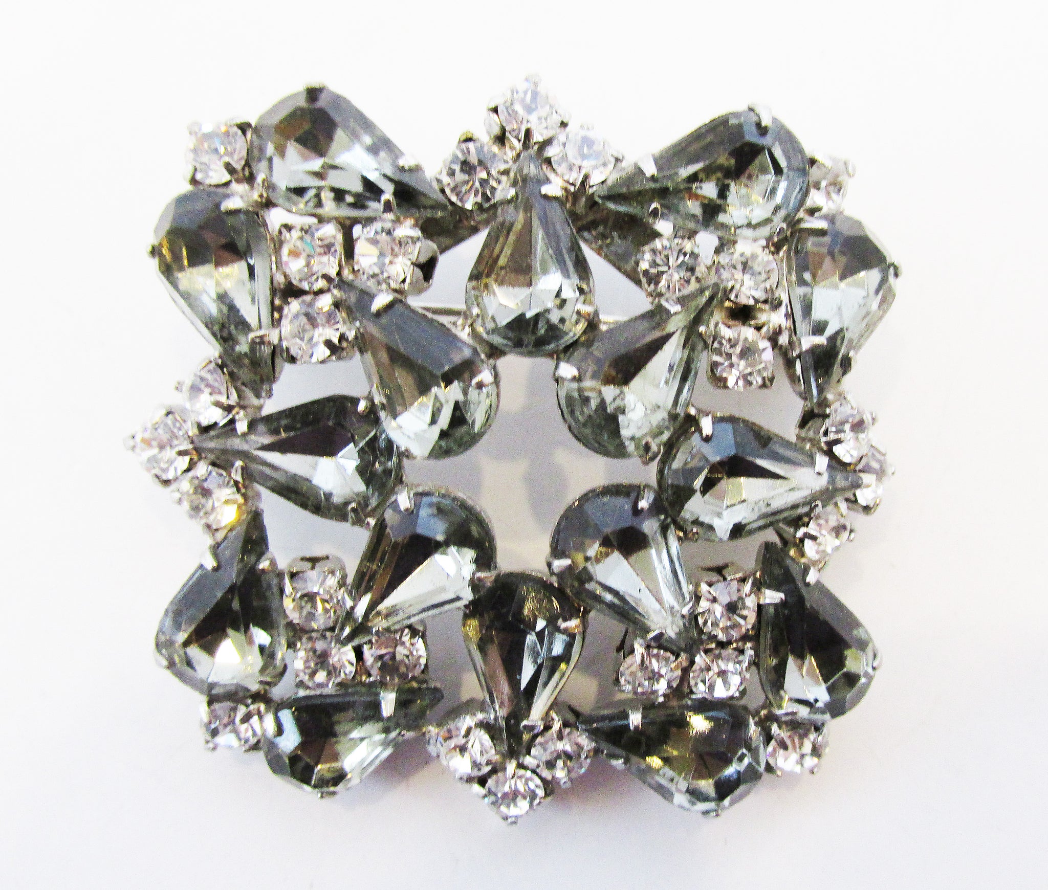 Vintage Mid-Century Attractive Clear and Black Diamond Diamante Pin - Front