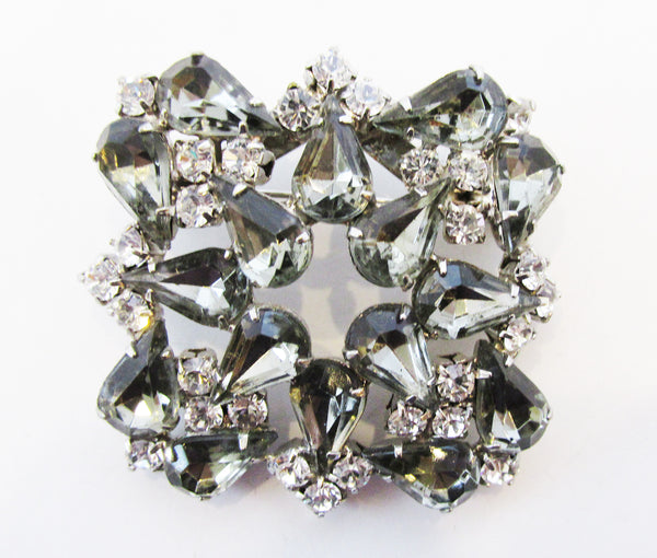 Vintage Mid-Century Attractive Clear and Black Diamond Diamante Pin - Front