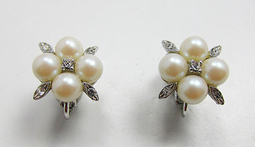 Marvella Vintage Dainty 1950s Pearl and Rhinestone Floral Earrings