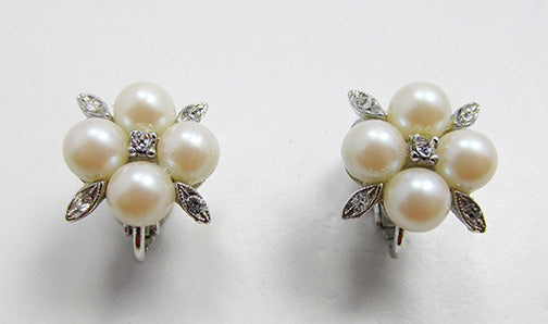 Marvella Vintage Dainty 1950s Pearl and Rhinestone Floral Earrings