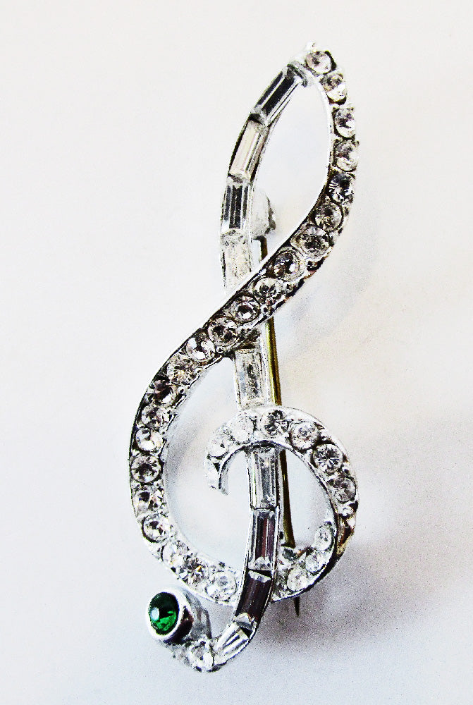Sparkling Vintage 1950s Diamante Treble Clef Musical Note Pin - Front