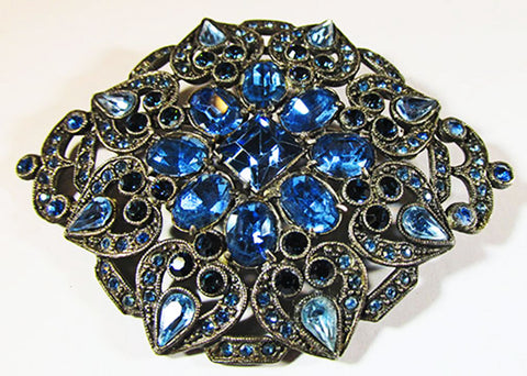 Vintage 1930s Jewelry Dazzling Sapphire Blue Diamante Floral Pin - Front