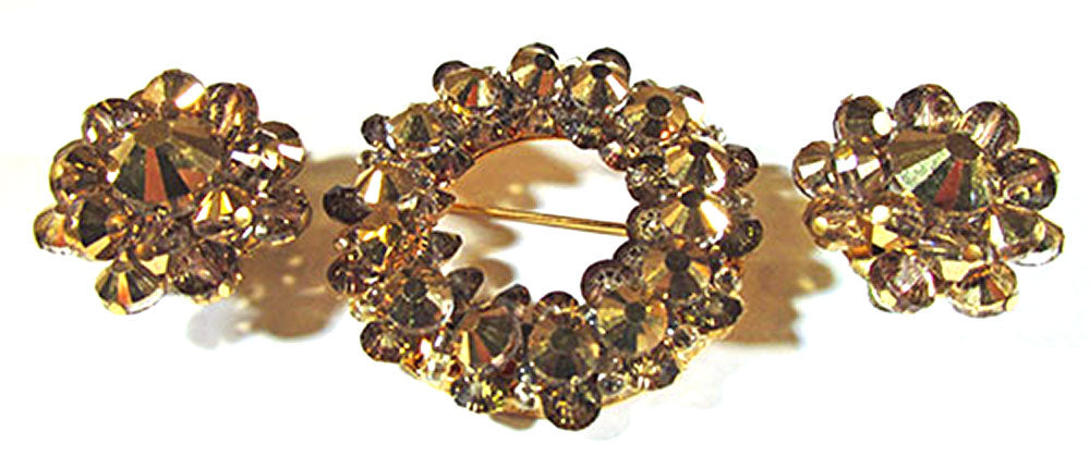 Hobe Vintage Jewelry 1950s Gold and Topaz Diamante Pin and Earrings - Front