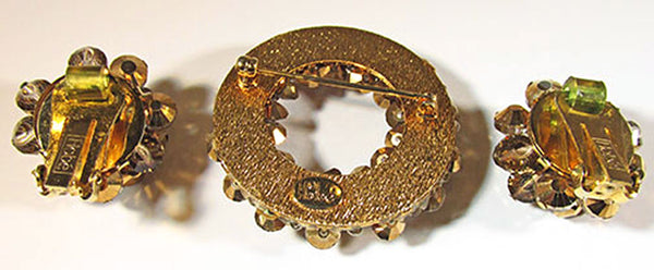 Hobe Vintage Jewelry 1950s Gold and Topaz Diamante Pin and Earrings - Back