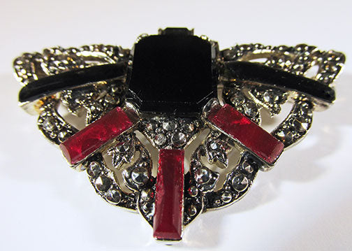 Vintage 1950s Distinctive Marcasite, Onyx and Carnelian Pin