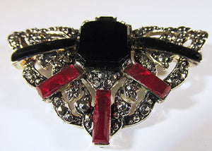 Vintage 1950s Distinctive Marcasite, Onyx and Carnelian Pin