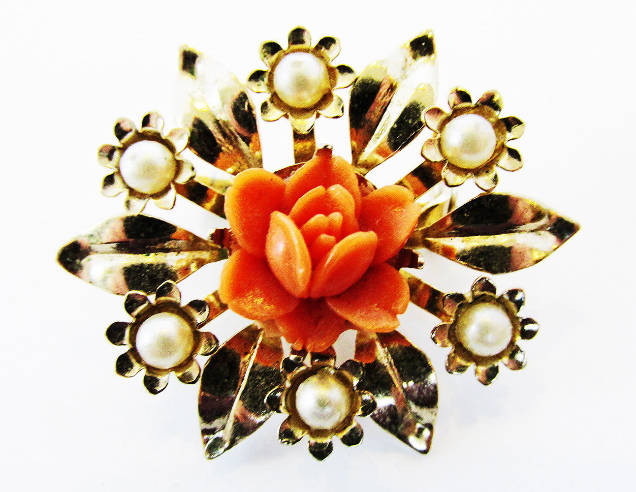 Coro Vintage 1950s Mid-Century Coral Celluloid and Pearl Floral Pin - Front