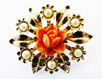 Coro Vintage 1950s Mid-Century Coral Celluloid and Pearl Floral Pin - Front - Thumbnail