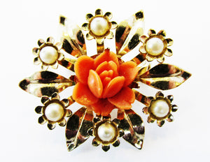 Coro Vintage 1950s Mid-Century Coral Celluloid and Pearl Floral Pin - Front
