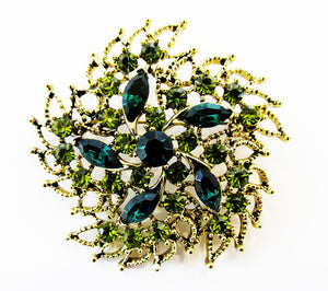 Vintage Mid-Century Dazzling Peridot and Emerald Diamante Swirl Pin - Front