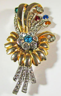 Vintage 1940s Stunning Multi-Colored Rhinestone Floral Bouquet Pin - Thumbnail