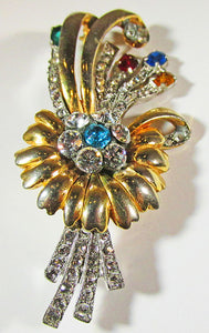 Vintage 1940s Stunning Multi-Colored Rhinestone Floral Bouquet Pin
