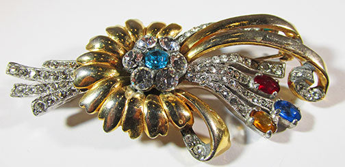 Vintage 1940s Stunning Multi-Colored Rhinestone Floral Bouquet Pin