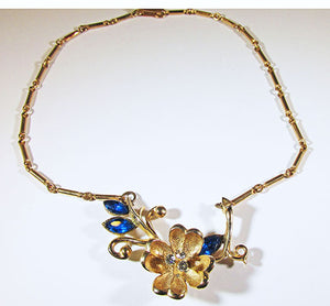 Vintage 1950s Beautiful Sapphire Blue Rhinestone Floral Necklace