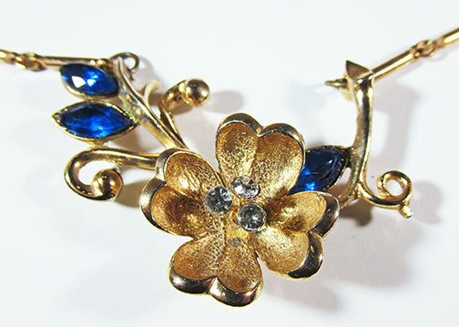 Vintage 1950s Beautiful Sapphire Blue Rhinestone Floral Necklace