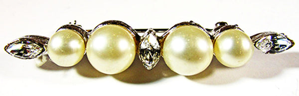 Marvella Vintage 1960s Pearl and Clear Rhinestone Bar Pin - Front