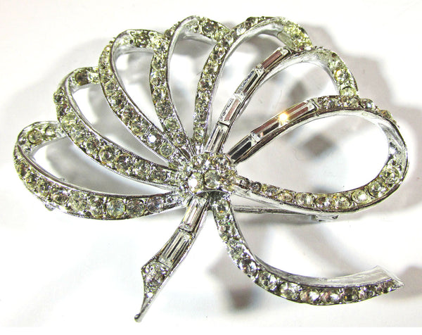 Signed Pell 1950s Vintage Mid-Century RhinestioneRibbon Bow Pin - Front