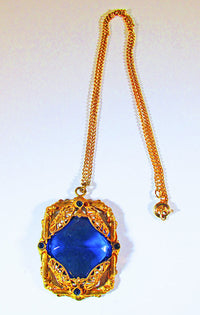 Czechoslovakia Vintage1930s Brass Sapphire Filigree Pendant - Thumbnail
