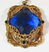 Czechoslovakia Vintage1930s Brass Sapphire Filigree Pendant - Thumbnail