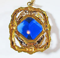 Czechoslovakia Vintage1930s Brass Sapphire Filigree Pendant - Thumbnail
