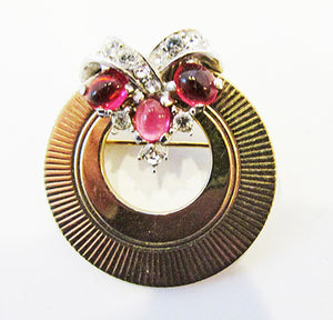 Boucher Vintage Mid Century Book Piece Ruby Cabochon Circle Pin
