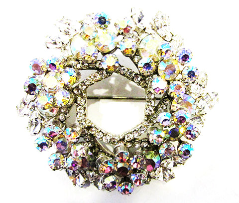 Vintage 1950s Jewelry Dramatic Aurora Borealis Diamante Floral Pin - Front