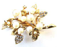 Hattie Carnegie 1950s Designer Diamante and Pearl Floral Pin - Front - Thumbnail