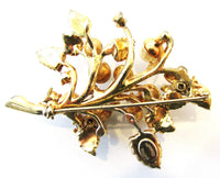 Hattie Carnegie 1950s Designer Diamante and Pearl Floral Pin - Back - Thumbnail