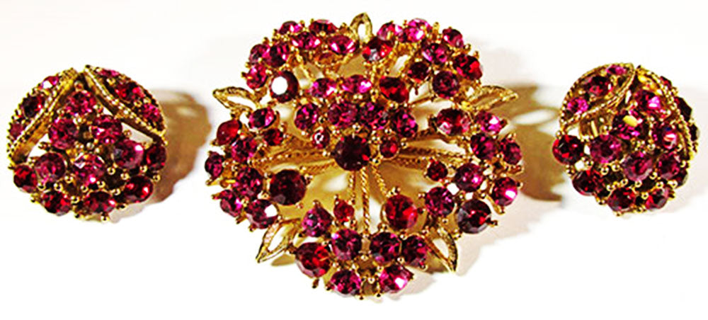 Vintage 1950s Jewelry Mid-Century Fuchsia Diamante Pin and Earrings - Front