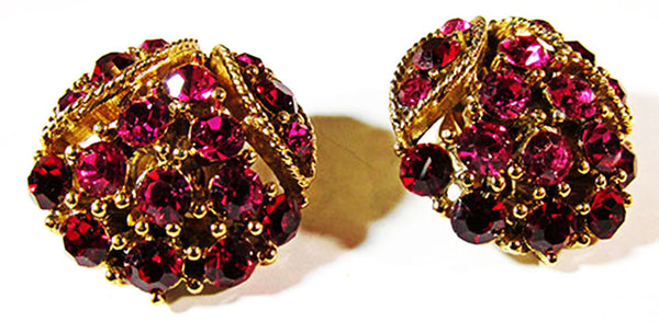 Vintage 1950s Jewelry Mid-Century Fuchsia Diamante Pin and Earrings - Earrings