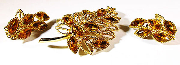 1Vintage 1950s Topaz Rhinestone Gold-Toned Leaf Pin and Earrings - Front