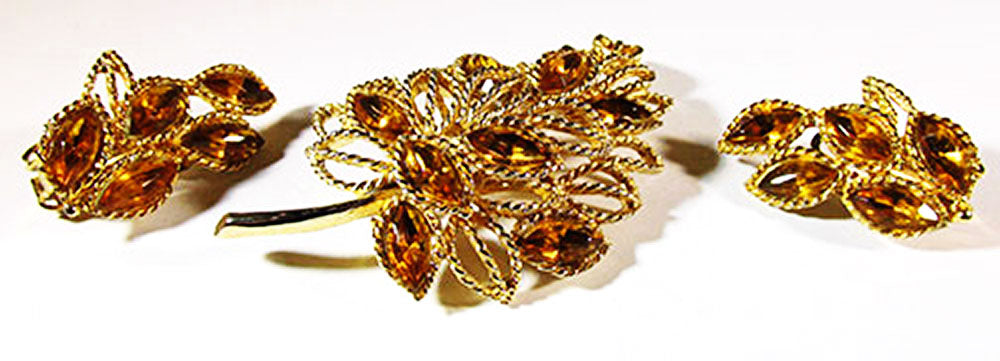 1Vintage 1950s Topaz Rhinestone Gold-Toned Leaf Pin and Earrings - Front