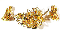 Vintage 1950s Topaz Rhinestone Gold-Toned Leaf Pin and Earrings - Back - Thumbnail