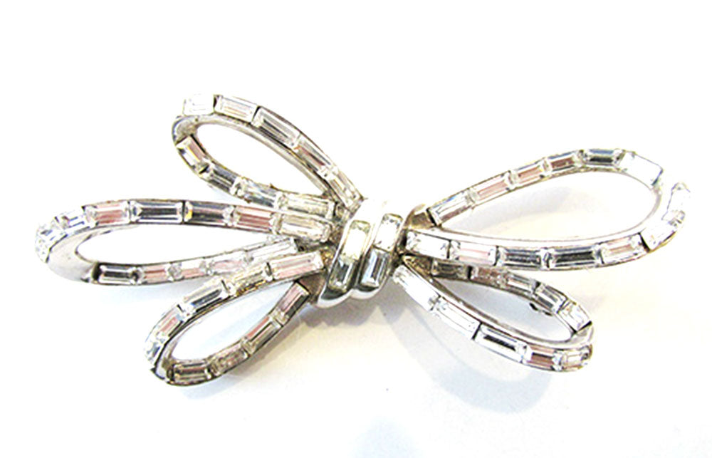 Crown Trifari 1950s Vintage Jewelry Elegant Diamante Ribbon Bow Pin - Front