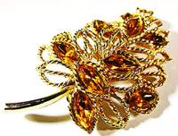 Vintage 1950s Topaz Rhinestone Gold-Toned Leaf Pin and Earrings - Pin - Thumbnail