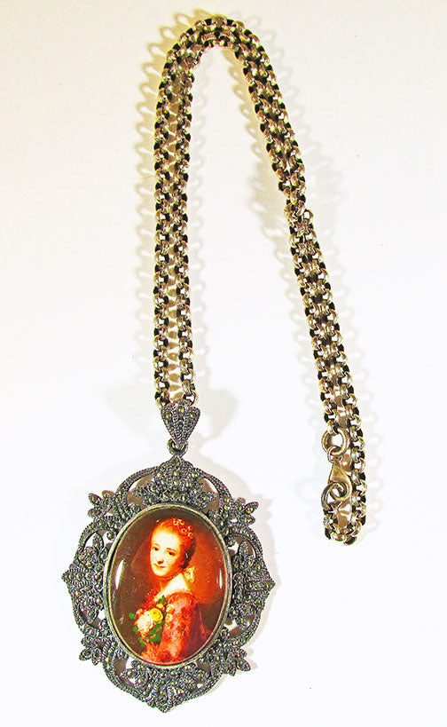 Vintage 1970s Striking Retro Sterling Marcasite Portrait Pendant