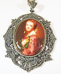 Vintage 1970s Striking Retro Sterling Marcasite Portrait Pendant - Thumbnail