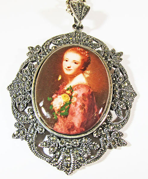 Vintage 1970s Striking Retro Sterling Marcasite Portrait Pendant