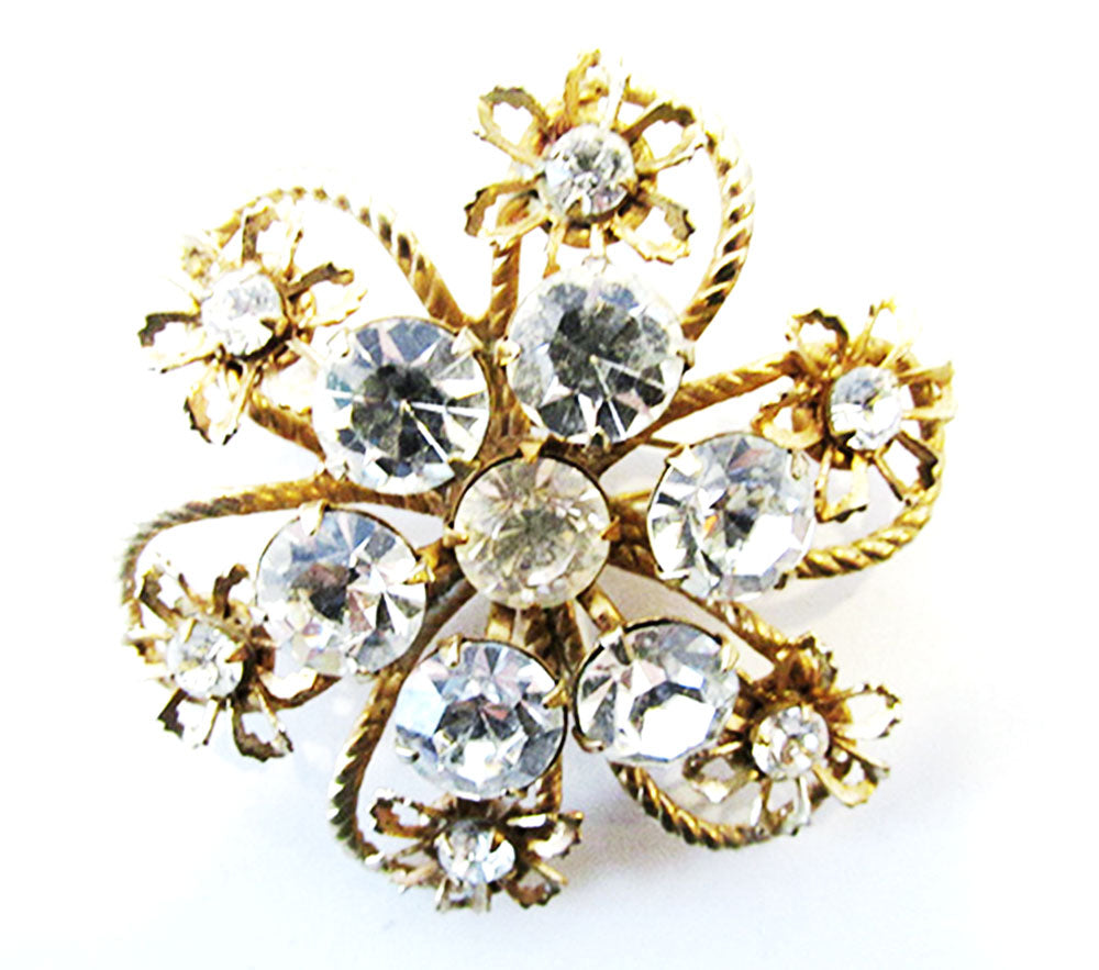 1950s Vintage Costume Jewelry Distinctive Clear Diamante Floral Pin - Front