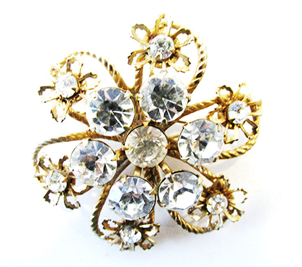 1950s Vintage Costume Jewelry Distinctive Clear Diamante Floral Pin - Front