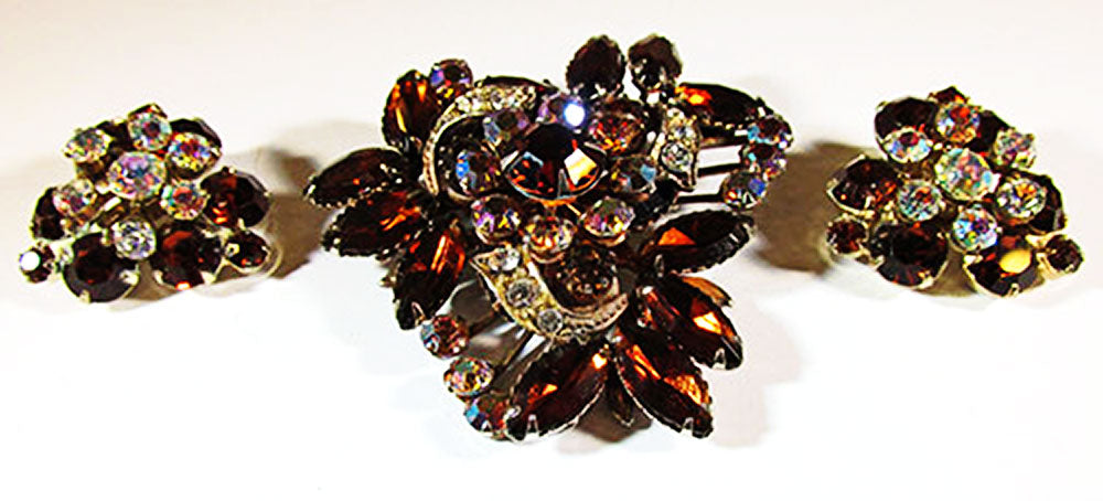 Beaujewels 1950s Vintage Jewelry Mid-Century Diamante Pin and Earrings - Front