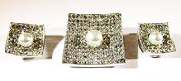 Kramer N.Y. Vintage Jewelry 1950s Diamante and Pearl Pin and Earrings - Front - Thumbnail